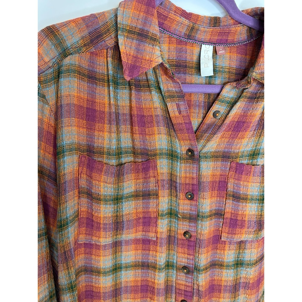 Pilcro Plaid Button Down Shirt Medium Long Sleeve Pockets Orange Purple Anthro - Picture 4 of 13